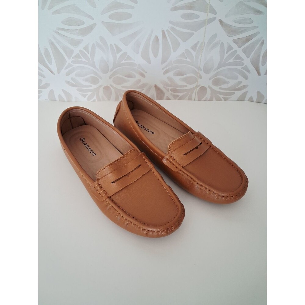 BEAUSEEN Women's Tan Penny Loafers Slip-on Shoe NEW